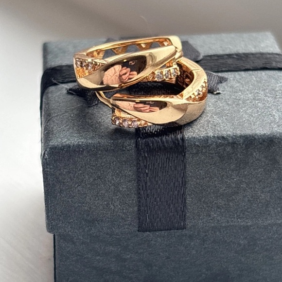 Rose Gold Plated CZ Huggie Hoop Earrings | Twisted Sparkling Minimalist Hoops - Picture 2 of 13